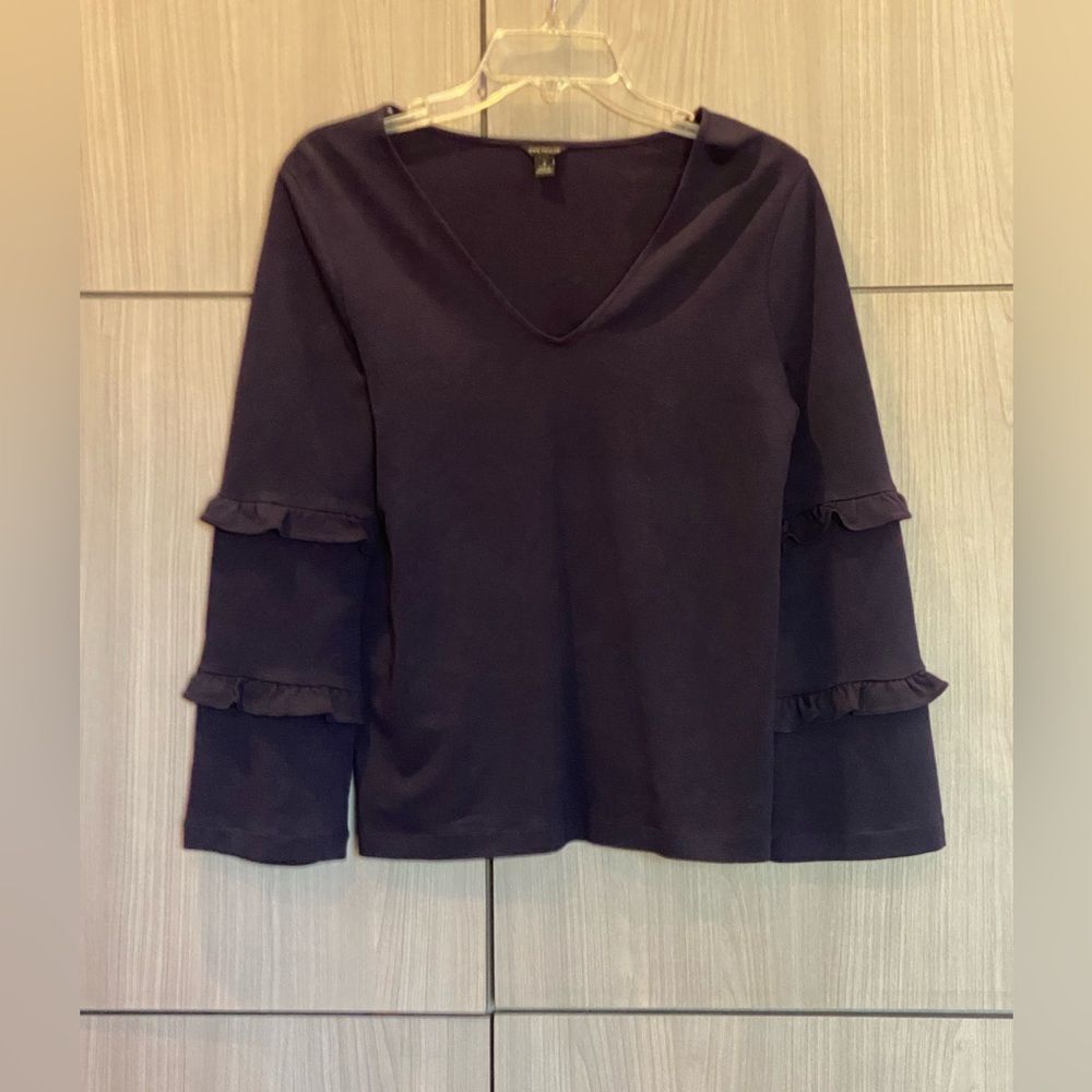 Ann Taylor Navy Medium M Ruffle Sleeve V-Neck Blouse Top GUC Business Casual